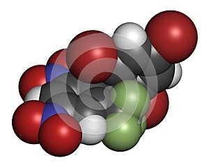 Bromethalin rodenticide molecule rat poison. 3D rendering. Atoms are represented as spheres with conventional color coding:.