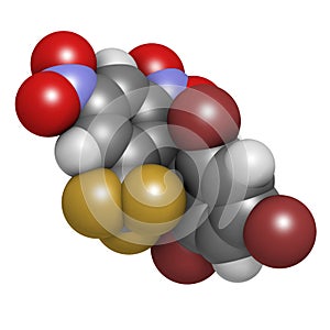 Bromethalin rodenticide molecule (rat poison). 3D rendering. Atoms are represented as spheres with conventional color coding: