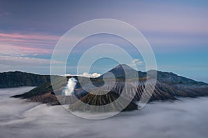 Bromo, Batok, and Semeru volcano mountain in a beautiful morning