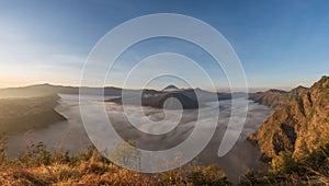 Bromo, Batok and Semeru volcanoes at sunrise, Java island, Tengger Semeru national park, East Java, Indonesia