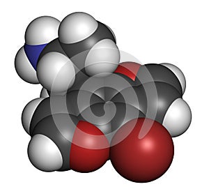 Bromo-dragonFLY hallucinogenic drug molecule. 3D rendering. Atoms are represented as spheres with conventional color coding:.