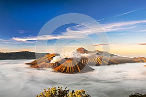 Bromo volcano crater erupt release smoke with sunrise sky background and morning fog landscape at Indonesia Bromo national park