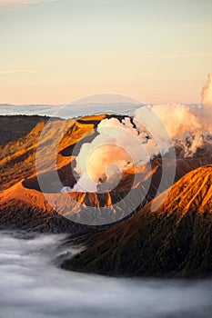 Bromo volcano crater erupt release smoke with twilight sunrise sky background and morning fog landscape at Indonesia Bromo