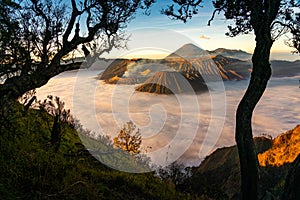 Bromo volcano mountain at sunrise in East Java, Indonesia surrounded by morning fog