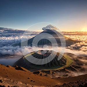 Bromo volcano mountain at sunrise in East Java, Indonesia surrounded by morning fog made with Generative AI