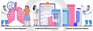 Bronchial asthma diagnosis, treatment and medicine concept with tiny people. Respiratory illness vector illustration set.