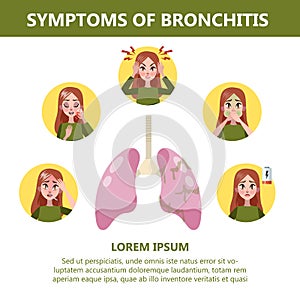 Bronchitis symptoms infographic. Chronic disease. Cough, fatigue