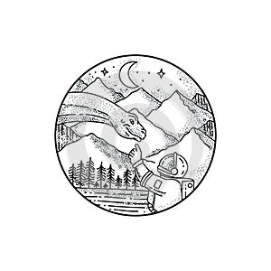 Brontosaurus Astronaut Mountain Circle Tattoo photo