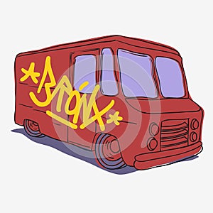 Bronx Graffiti Tagged Red American Delivery Truck Drawing Hand Drawn Lettering for t shirt or sticker Vecto