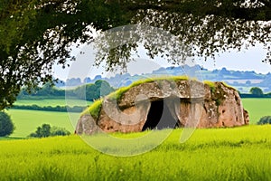 bronze age dolmens in a green field