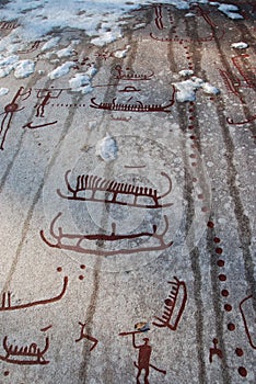 Bronze age rock carvings in Tanum in snow