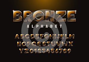 Bronze alphabet. Copper colored font 3d effect typography letters and numbers. Metallic luxury and premium three dimensional photo