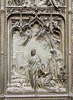 Bronze bas-reliefs of the Pieta scene in bas relief at Milans Cathedral doors