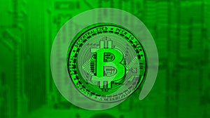 Bronze Bitcoin over pc motherboard in green tint