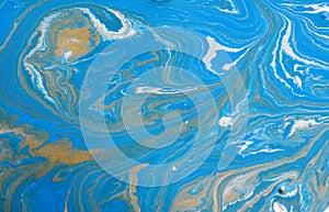 Bronze, blue and gold marble pattern. Golden marble liquid abstract background. Wave, paint.