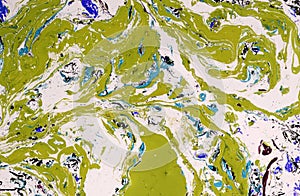 Bronze, blue and gold marble pattern. Liquid abstract background.