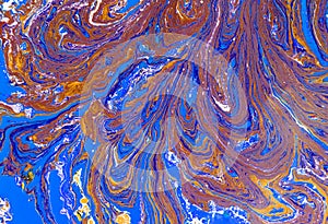 Bronze, blue and gold marble pattern. Liquid abstract background.