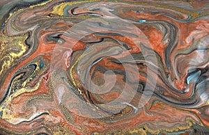 Bronze, blue and gold marbling pattern. Golden marble liquid texture.