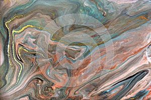 Bronze, blue and gold marbling pattern. Golden marble liquid texture.