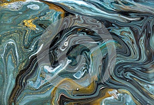 Bronze, blue and gold marbling pattern. Golden marble liquid texture.