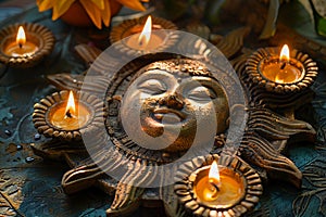 Bronze Buddha Face With Lit Diyas, Serenity Sinhala New Year Greeting Cards. AI Generated photo