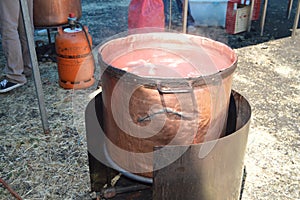 Bronze Cauldron With A Boiled Octopus Inside It At Becerrea Octopus Fair. Festivities, Food, Fairs, Gastronomy. August 3, 2015.