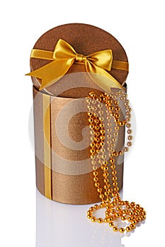 Bronze classic shiny round gift hat box with golden satin bow and beads