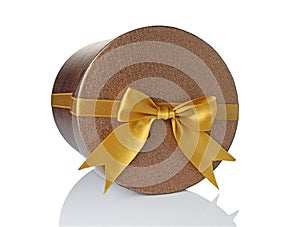 Bronze classic shiny round gift hat box with golden satin bow