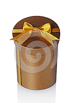 Bronze classic shiny round gift hat box with golden satin bow