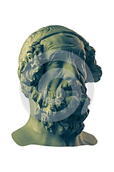 Bronze color gypsum copy of ancient statue Homer head for artists. Plaster antique sculpture of human face. Ancient