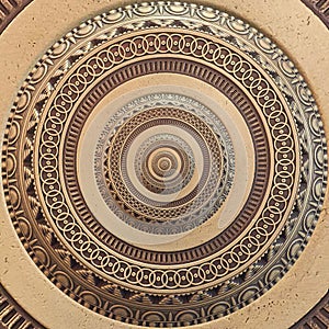 Bronze copper geometrical abstract ornament round fractal pattern background. Metal circle pattern effect background. Concept art