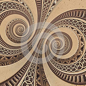 Bronze copper geometrical abstract ornament spiral fractal pattern background. Metal spiral pattern effect background. Concept abs