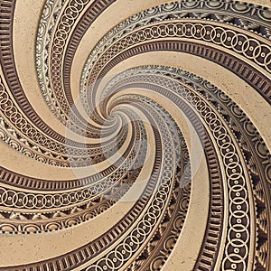 Bronze copper geometrical abstract ornament spiral fractal pattern background. Metal spiral pattern effect background. Concept art