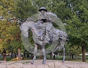 Bronze cowboy on horseback in the Pioneer Plaza, Dallas, Texas.