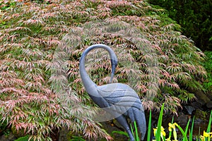 Bronze Crane with Red Japanese Maple Tree Background