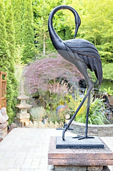 Bronze Crane Statue in Asian Inspired Garden