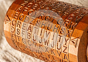 Bronze cryptex invented by Leonardo da Vinci from the book da vinci code. Word creativity as password set by letters