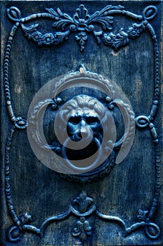 Bronze door handle in the shape of a lion`s head.