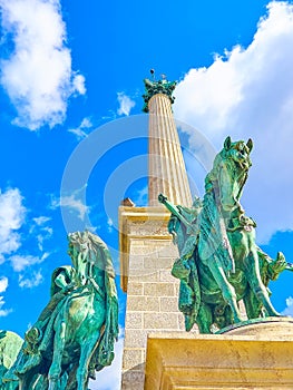 The bronze equestrian sculptures of the chieftains of Magyars, a part of Millennium Monument complex, Budapest, Hungary