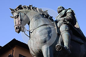 Bronze equestrian statue of Cosimo I de Medici the Grand Duke of Tuscany on the Piazza della Signoria in Florence, Tuscany, Ital