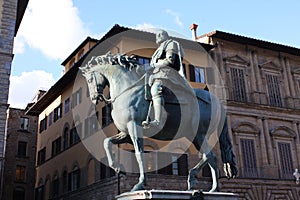 Bronze equestrian statue of Cosimo I de Medici the Grand Duke of Tuscany on the Piazza della Signoria in Florence, Tuscany, Ital