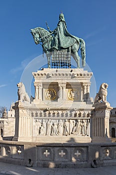Bronze equestrian statue of King Stephen at Fisherman`s Bastion on bada mountain in Budapest