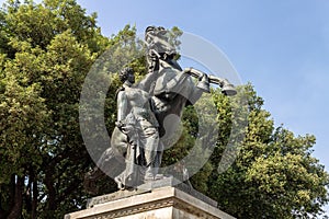 Bronze equestrian statue in Placa de Catalunya square in Barcelona, Spain photo