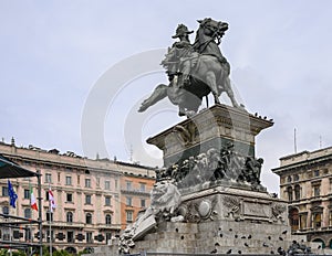 Bronze equestrian statue of Vittorio Emmanuele II at the center of the Piazza del Duomo in Milan Italy