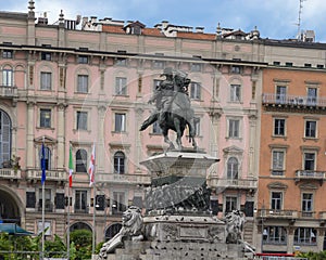 Bronze equestrian statue of Vittorio Emmanuele II at the center of the Piazza del Duomo in Milan Italy
