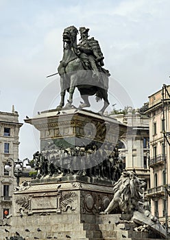 Bronze equestrian statue of Vittorio Emmanuele II at the center of the Piazza del Duomo in Milan Italy photo