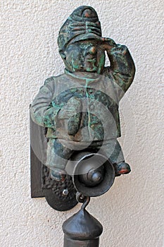 Bronze Figure of a Brave soldier Schweik EV wall cafe in the Czech Republic in the homeland of writer Yaroslav Hasek