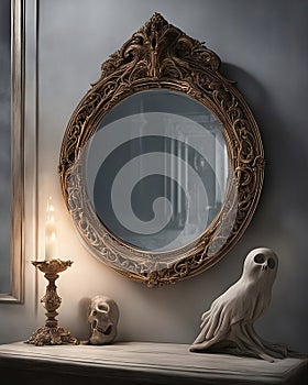 bronze framed mirror on the wall above a shelf with a candle, a melting wax skull, and a melting wax ghost bird ai created