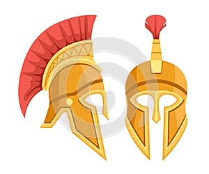 Bronze greek helmet. Spartan ancient armor. Red hair helmet. Flat illustration isolated on white background