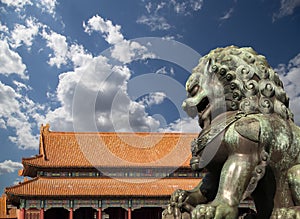 Bronze Guardian Lion Statue in the Forbidden City, Beijing, China